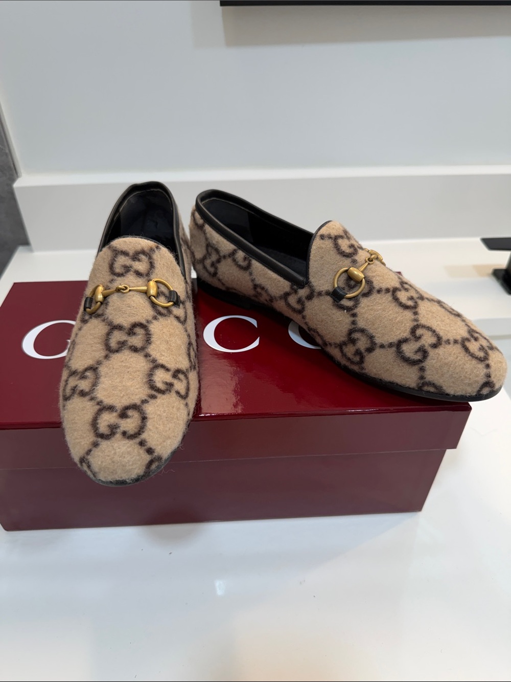 Gucci Tan GG Wool Horsebit Loafers